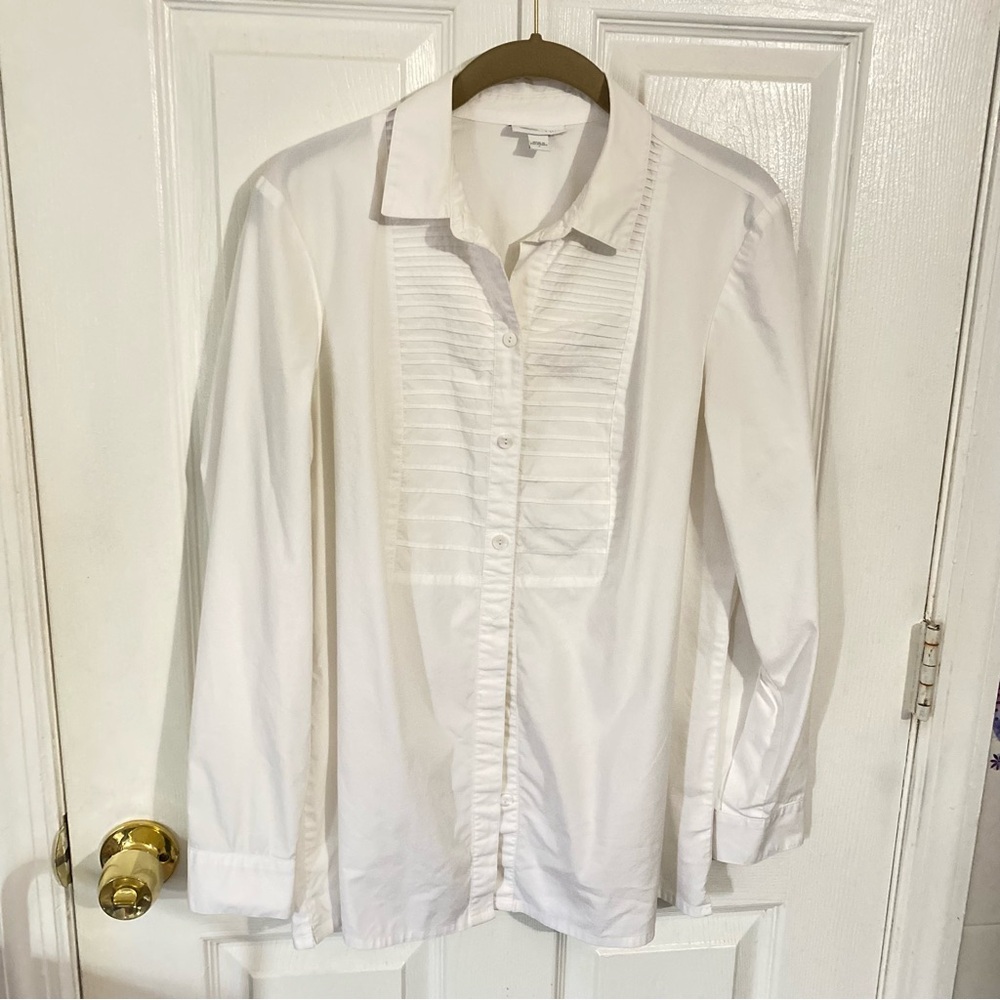 J Jill White Shirt Collection Button-Up Pleated Tuxedo Office Blouse Neutral -S